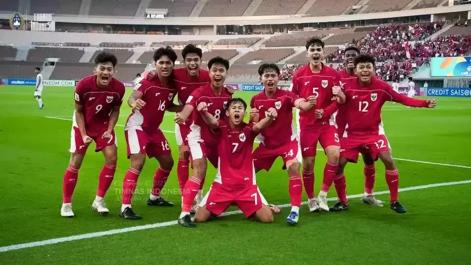 Indonesian U-17 players celebrate a goal during an Asian Cup match against Yemen at the Prince Abdullah Al Faisal Stadium in Jeddah, Saudi Arabia, Monday, April 7, 2025. (Photo courtesy of PSSI)