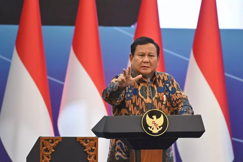 President Prabowo Subianto delivers remarks at the Economic Forum with the President of Indonesia at Menara Mandiri, Senayan, Jakarta, Tuesday, April 8, 2025. The event, themed