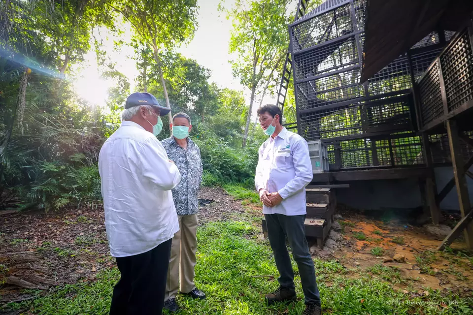 Head of the Nusantara Capital Authority Basuki Hadimuljono speaks with Arsari Djojohadikusumo Foundation Chairman Hashim Djojohadikusumo at the Kelawasan Orangutan Sanctuary construction site in Penajam Paser Utara Regency, Wednesday, April 9, 2025. (Courtesy of Nusantara Capital Authority)