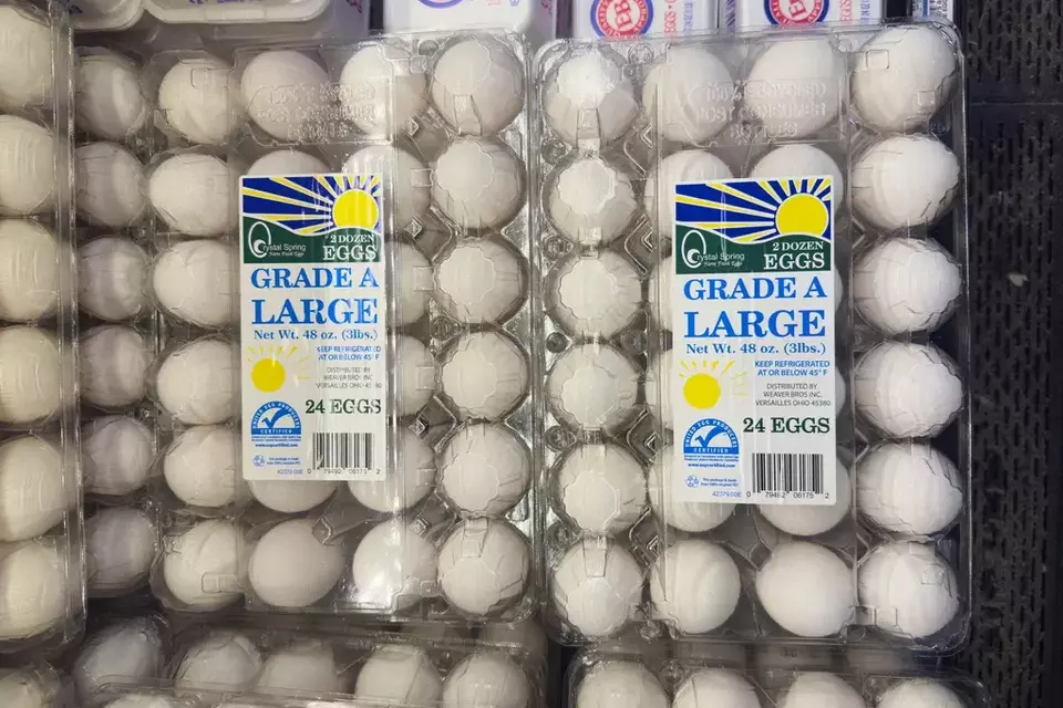 Eggs are displayed in a grocery store in Carmel, Indiana, Wednesday, April 9, 2025. (AP Photo/Michael Conroy)