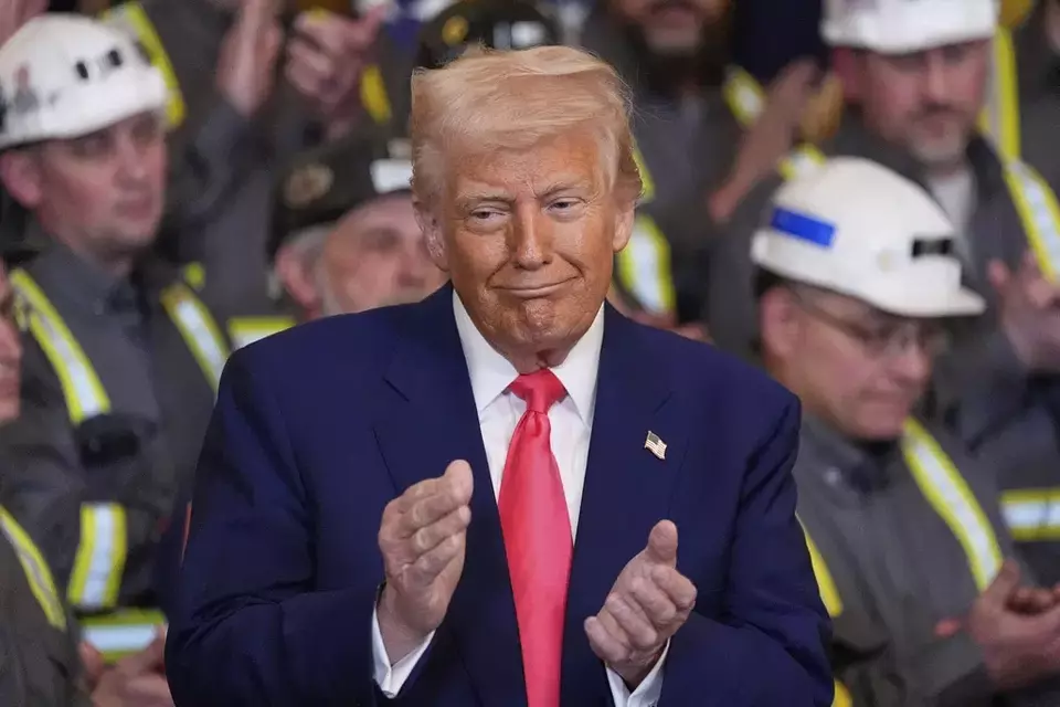 President Donald Trump listens to Jeff Crowe speak during an event on energy production in the East Room of the White House, Tuesday, April 8, 2025, in Washington. (AP Photo/Alex Brandon)