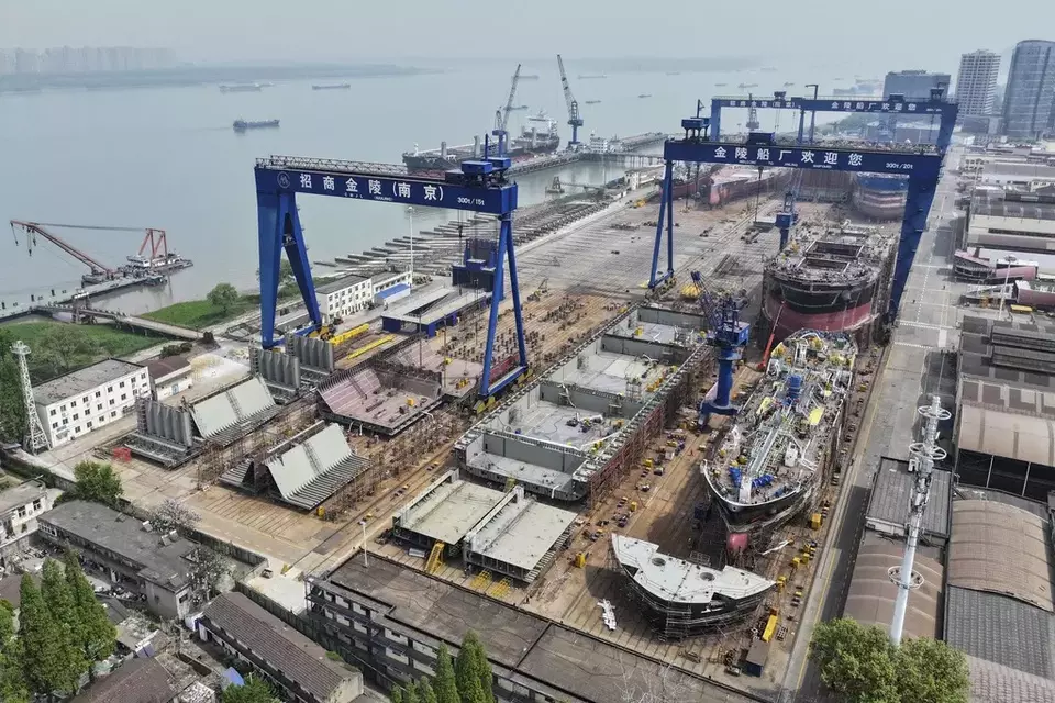 A view of ships under construction at the Jinling Shipyard in Nanjing in eastern China's Jiangsu province Friday, April 11, 2025. (Chinatopix Via AP)