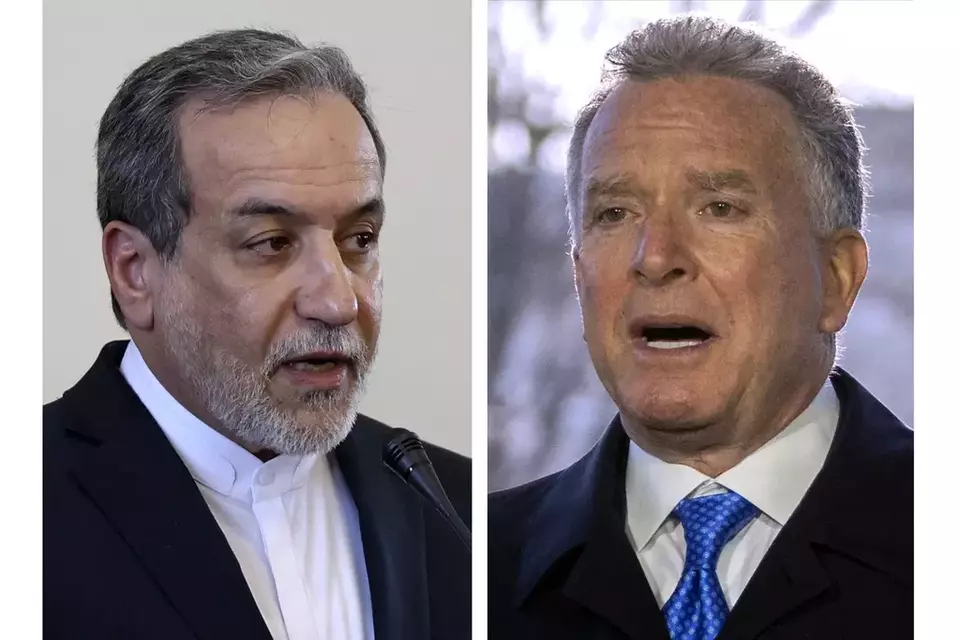 This combo shows Iranian Foreign Minister Abbas Araghchi, left, pictured in Tehran, Iran, Tuesday, Feb. 25, 2025, and Steve Witkoff, right, White House special envoy, pictured in Washington, Wednesday, March 19, 2025. (AP Photos Stringer, Mark Schiefelbein)