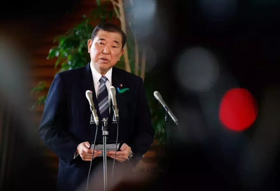 Japanese Prime Minister Shigeru Ishiba speaks to reporters reacting after a Japanese negotiator held ministerial talks at the White House regarding U.S. tariffs, at the prime minister's office in Tokyo, Japan, Thursday, April 17, 2025. (Franck Robichon/Pool Photo via AP)