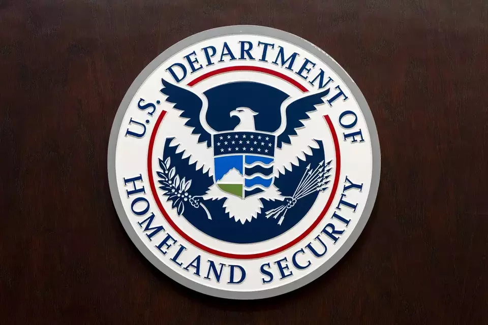 The Department of Homeland Security seal is seen on the podium at the Immigration and Customs Enforcement headquarters, Wednesday, April 9, 2025, in Washington. (AP Photo/Alex Brandon)