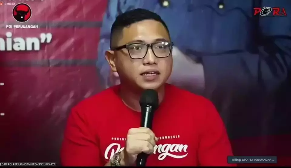 This screenshot of a video shows Indonesian Democratic Party of Struggle (PDI-P) politician Brando Susanto. (Videography)