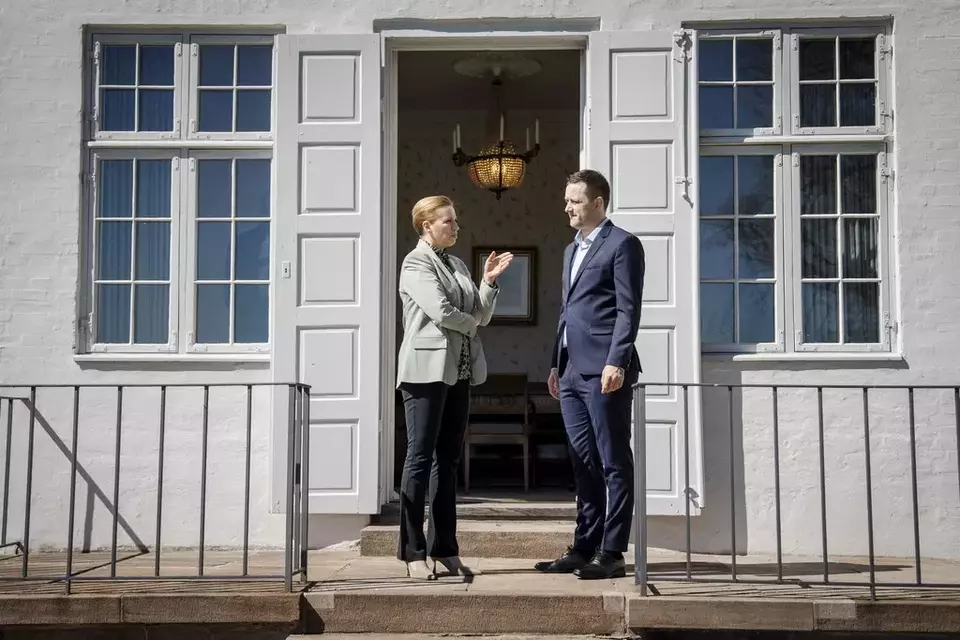 Denmark's Prime Minister Mette Frederiksen, left, and Greenland's Prime Minister Jens-Frederik Nielsen talk during their meeting at Marienborg in Kongens Lyngby, Denmark, Sunday, April 27, 2025. (Mads Claus Rasmussen/Ritzau Scanpix via AP)