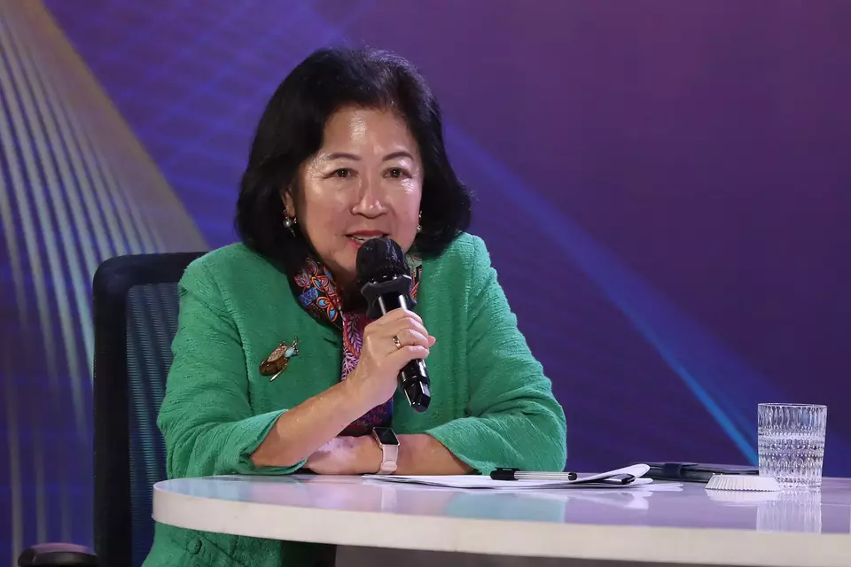Mari Elka Pangestu,deputy chair of the National Economic Council, speaks during the Investor Daily Roundtable at the Westin Hotel in Jakarta, Wednesday, April 30, 2025. (B-Universe Photo/David Gita Roza)
