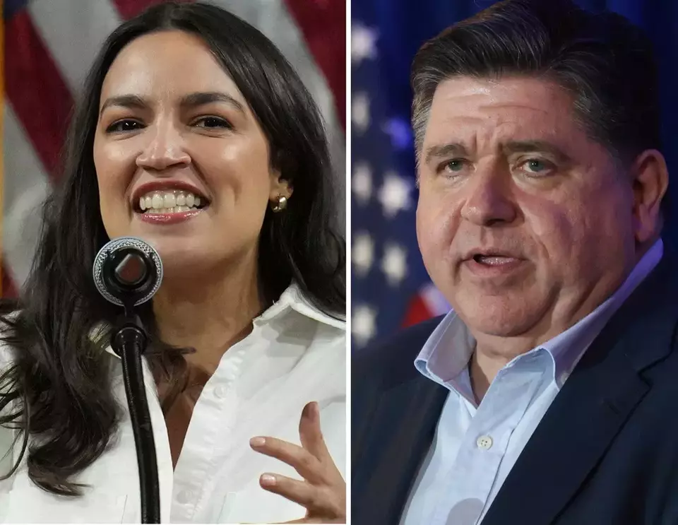 This photo combo shows Illinois Governor JB Pritzker, right, speaking during the McIntyre-Shaheen 100 Club Dinner, April 27, 2025, in Manchester, N.H. and Representative Alexandria Ocasio-Cortez, D-N.Y., speaking during a 