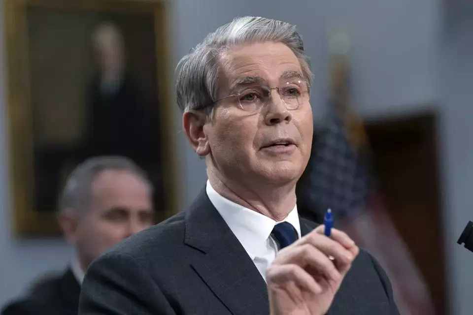 US Secretary of the Treasury Scott Bessent listens to the speeches during a bilateral meeting between Switzerland and the United States, in Geneva, Switzerland, on Friday, May 9, 2025. (Martial Trezzini/Keystone via AP)