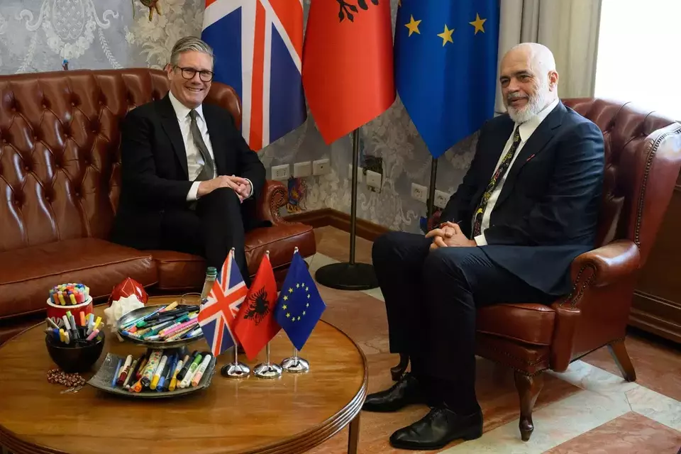 Britain's Prime Minister Keir Starmer, left, is welcomed by Albania's Prime Minister Edi Rama at the Kryeministria in Tirana, Albania, Thursday May 15, 2025. (Leon Neal/Pool via AP)Britain's Prime Minister Keir Starmer, left, is welcomed by Albania's Prime Minister Edi Rama at the Kryeministria in Tirana, Albania, Thursday May 15, 2025. (Leon Neal/Pool via AP)