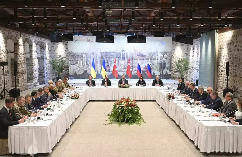 Russian and Ukrainian delegations attend talks at the Dolmabahce Palace, in Istanbul, Turkey, Friday, May 16, 2025. (Ramil Sitdikov, Sputnik Pool Photo via AP)