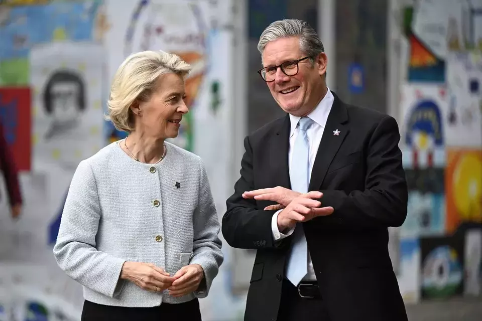 FILE - Ursula von der Leyen, President of the European Commission, left, and Keir Starmer, Prime Minister of the United Kingdom greet each other, ahead of their bilateral meeting at the 6th European Political Community summit Friday May 16, 2025 in Tirana, Albania. (Leon Neal/Pool via AP, File)