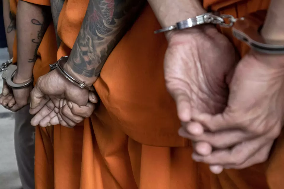 Suspects handcuffed at a thuggery operation in Cimahi on May 9, 2025. (Antara Photo/Abdan Syakura)