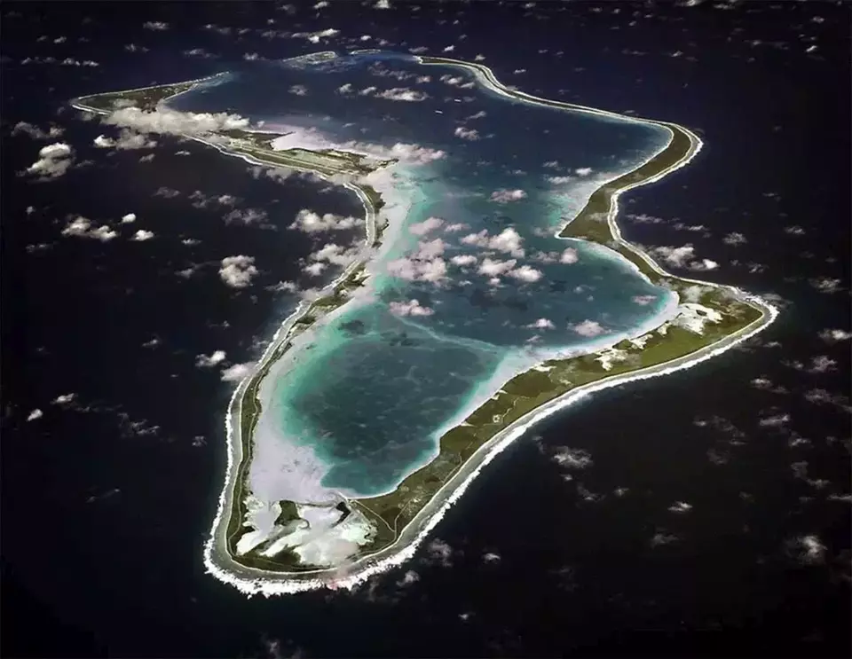 FILE - This image released by the US Navy shows an aerial view of Diego Garcia. (US Navy via AP, File)
