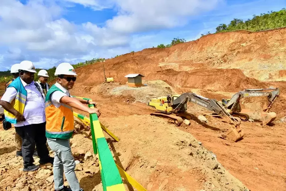 Energy and Mineral Resources Minister Bahlil Lahadalia, right, and Southwest Papua Governor Elisa Kambu inspect a mining site on Gag Island in Raja Ampat Regency, Southwest Papua, Saturday, June 7, 2025. (Photo courtesy of the Energy and Mineral Resources Ministry)