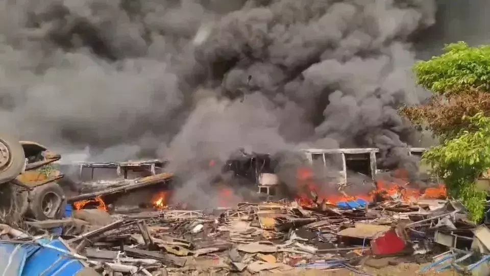 A fire destroys dozens of used TransJakarta buses in Cengkareng, West Jakarta, Tuesday, June 10, 2025. (B-Universe Photo/Taufik Hidayat)