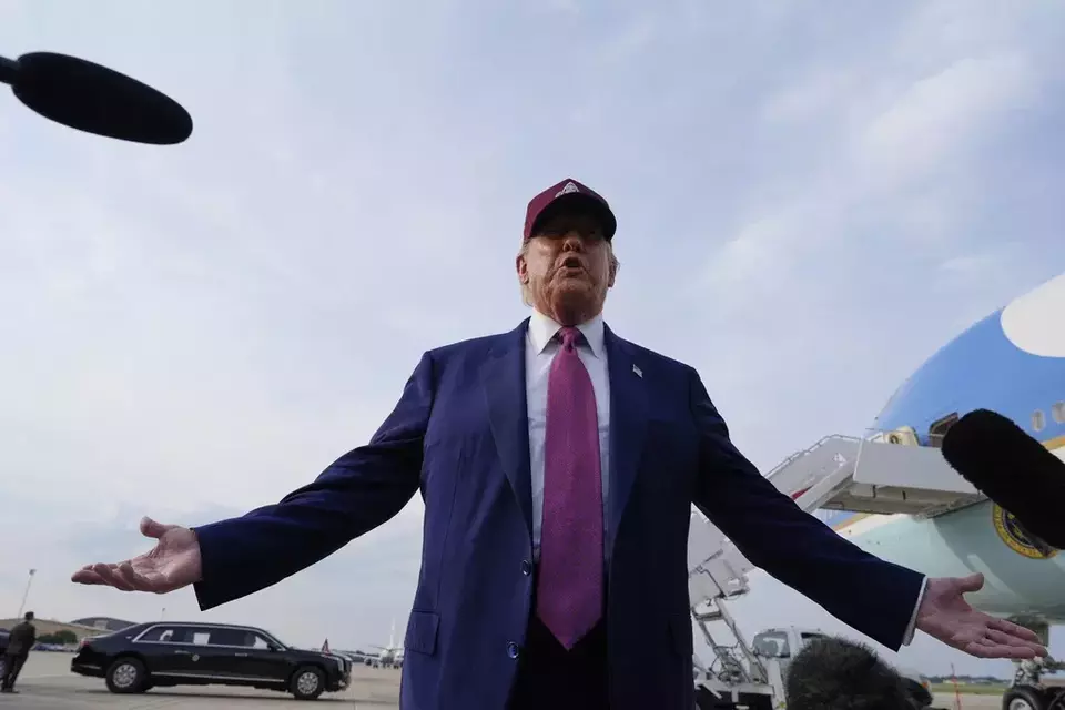President Donald Trump speaks to reporters after arriving on Air Force One, Tuesday, June 10, 2025, at Joint Base Andrews, Md. (AP Photo/Alex Brandon)