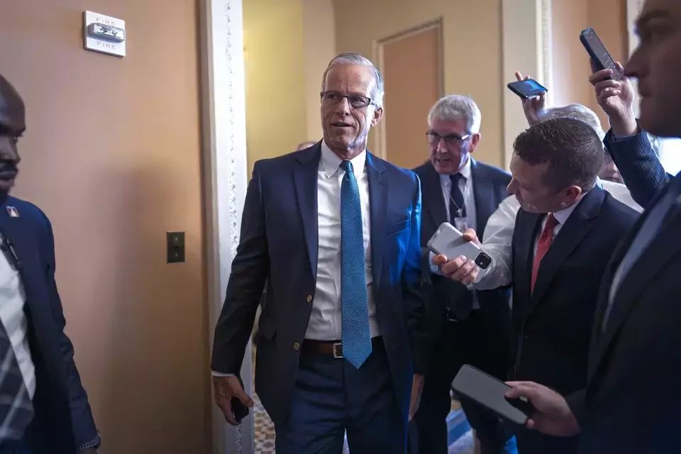 Senate Majority Leader John Thune arrives for a closed-door Republican meeting to advance President Donald Trump's sweeping domestic policy bill, at the Capitol in Washington, Friday, June 27, 2025. (AP Photo/J. Scott Applewhite)