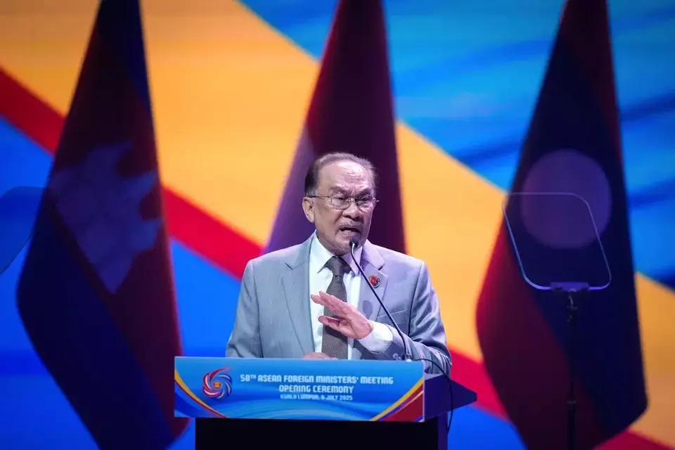 Malaysia's Prime Minister Anwar Ibrahim delivers his keynote address during the opening ceremony of the Association of Southeast Asian Nations (ASEAN) Foreign Ministers' meeting and related meetings at the Convention Centre in Kuala Lumpur, Malaysia, Wednesday, July 9, 2025. (AP Photo/Vincent Thian)
