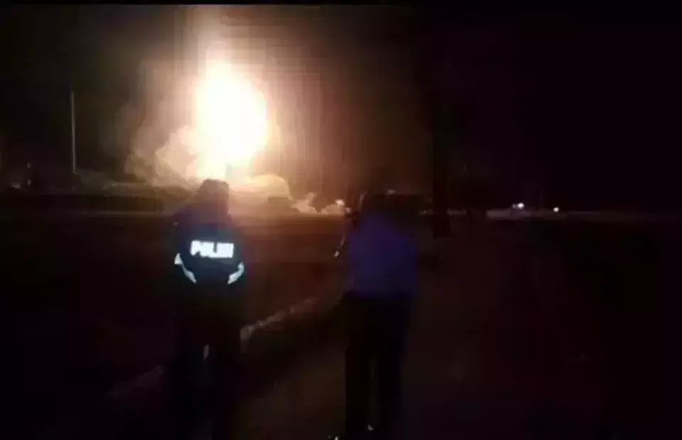 A burst of flames was seen during the explosion of a gas well owned by Pertamina EP on Tuesday, August 5, 2025, in Kampung Babakan Cidahu, Cidahu Village, Pagaden Barat District, Subang, West Java. (Beritasatu.com/Elan Suherlan)