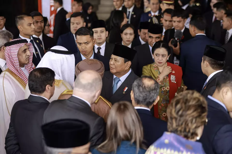 President Prabowo Subianto greets his guests after delivering his annual state address at the People's Consultative Assembly in Jakarta, Friday, Aug. 15, 2025. (Antara Photo/Dhemas Reviyanto)