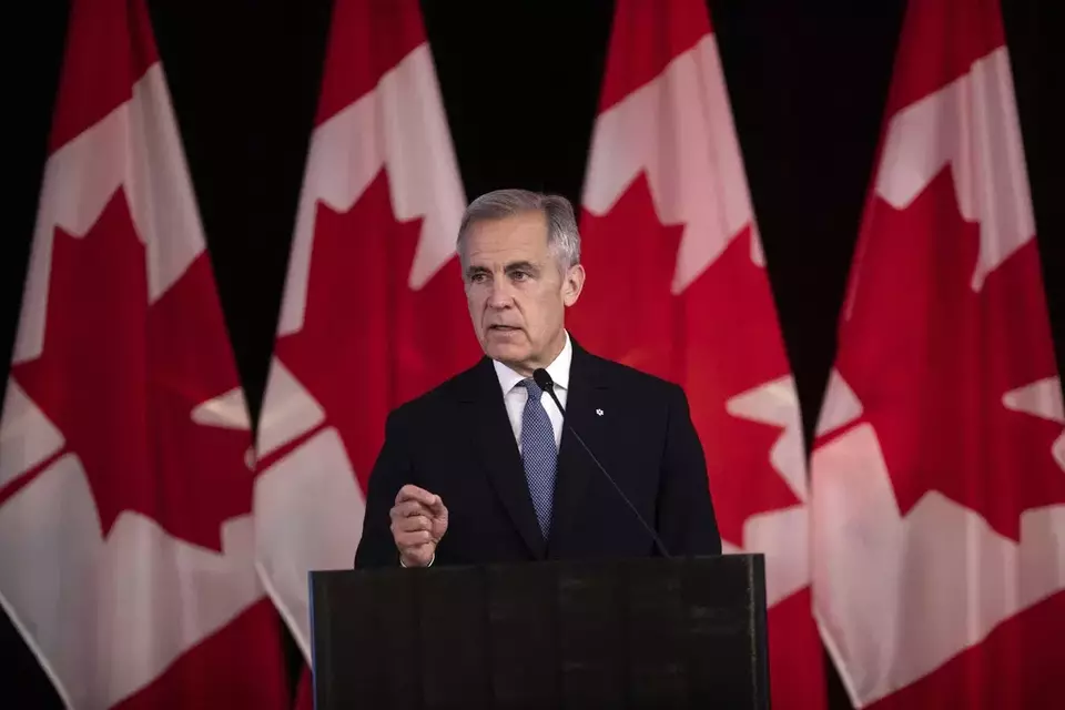 FILE - Canada Prime Minister Mark Carney delivers opening remarks at the Liberal caucus in Edmonton, Alberta, Canada on Wednesday, Sept. 10, 2025. (Amber Bracken/The Canadian Press via AP, File)