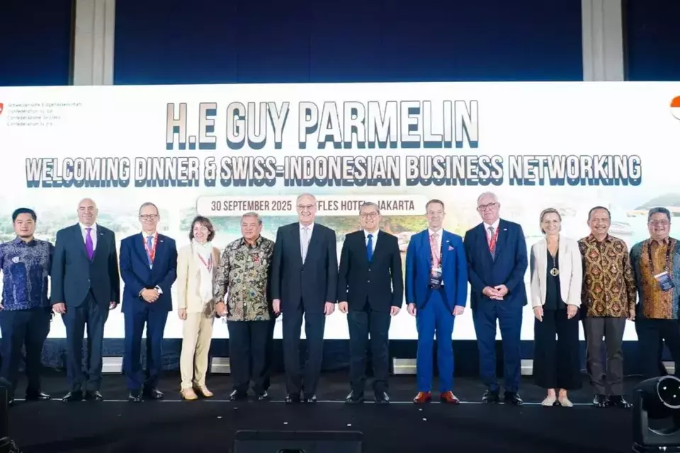 Switzerland Vice President Guy Parmelin (sixth from left) attends the Annual Joint Economic and Trade Council (JETC) and the 4th Swiss-Indonesian Trade and Sustainability Council meeting in Jakarta on Tuesday, Sept. 30, 2025. (Photo Courtesy of Antara)