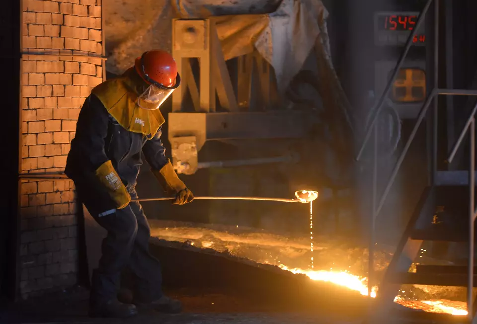 A worker processes nickel at Harita Nickel's smelting facility on Obi Island in South Halmahera Regency, North Maluku, on Tuesday, Sept. 16, 2025. (Antara Photo/Iggoy el Fitra)