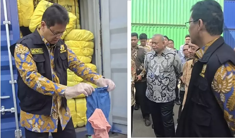 This image combo captured from a video shows Finance Purbaya Yudhi Sadewa inspecting the customs warehouse in Cikarang, West Java, Friday, Oct. 31, 2025. (B-Universe Photo)