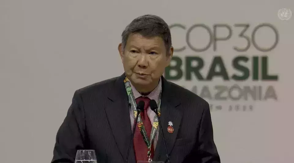 Presidential Special Envoy for Climate and Energy Hashim Djojohadikusumo speaks during the Leaders Summit at COP30 in Belém, Brazil, on November 6, 2025. (Official UN Web TV)