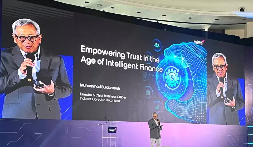 Indosat Ooredoo Hutchison Director & Chief Business Officer Muhammad Buldansyah speaks during a seminar titled 'Indonesia AI Day for Financial Industry: Empower The Future of Indonesia's Financial' in Jakarta, Thursday, Nov.27, 2025. (Handout)