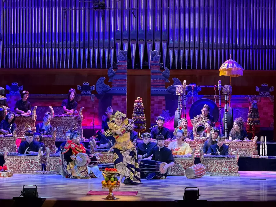 Balinese dancers and musicians perform a gamelan repertoire during a Giri Kedaton concert at the Universite de Montreal's Faculty of Music concert hall, Montreal, Canada, on Saturday, Dec. 20, 2025. (Photo Courtesy of KBRI Ottawa)
