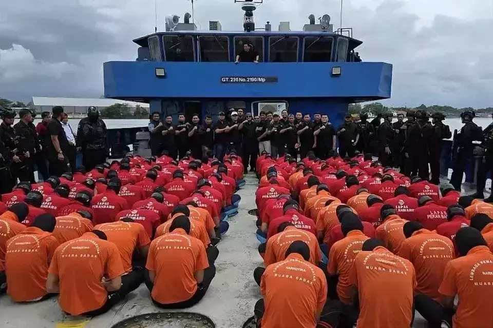 This undated photo released by the Directorate General of Corrections shows inmates aboard a vessel heading to maximum security prisons on Nusakambangan Island in Central Java. (Photo courtesy of the Directorate General of Corrections)