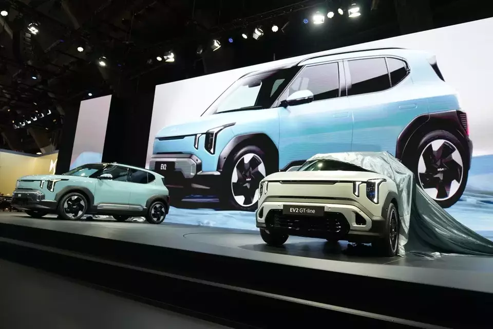 The Kia EV2 GT compact electric SUV is unveiled for its world premiere during the media opening of the Brussels Motor Show at the Expo in Brussels, Friday, Jan. 9, 2026. (AP Photo/Virginia Mayo)