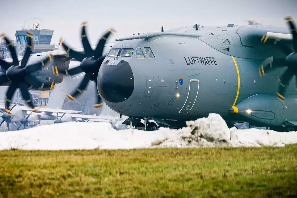 An Airbus A400M transport aircraft of the German Air Force taxis over the grounds at Wunstorf Air Base in the Hanover region, Germany, Thursday, Jan. 15, 2026 as troops from NATO countries, including France and Germany, are arriving in Greenland to boost security. (Moritz Frankenberg/dpa via AP)

