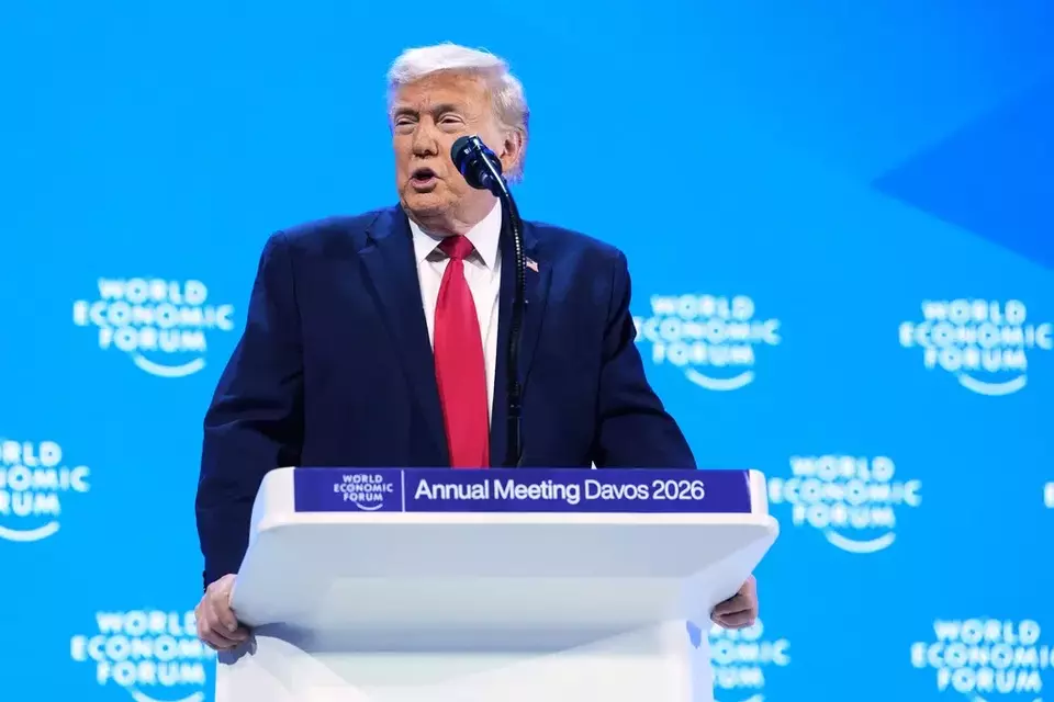 US President Donald Trump addresses the audience during the Annual Meeting of the World Economic Forum in Davos, Switzerland, Wednesday, Jan. 21, 2026. (AP Photo/Evan Vucci)