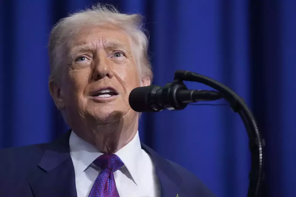 US President Donald Trump speaks during a Board of Peace meeting at the US Institute of Peace on Feb. 19, 2026 in Washington. (AP Photo/Mark Schiefelbein)