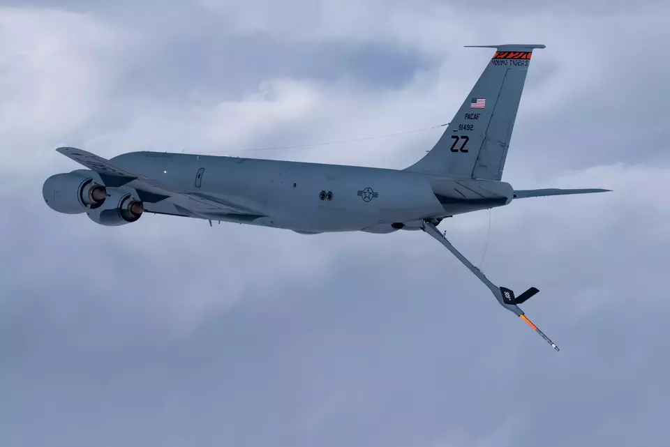 A KC-135 Stratotanker flies during routine training Dec. 11, 2018, out of Kadena Air Base, Japan. (US Air Force photo by Airman 1st Class Matthew Seefeldt)