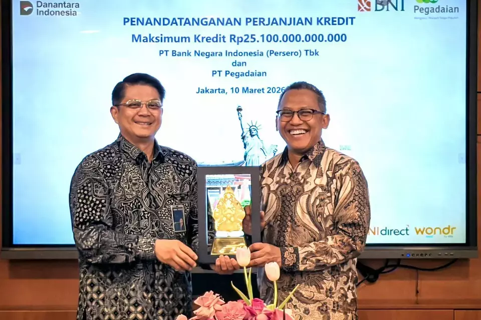 State lender Bank Negara Indonesia (BNI) signs a Rp10 trillion ($590 million) credit facility to state pawnshop Pegadaian on March 10 2026. (Handout)