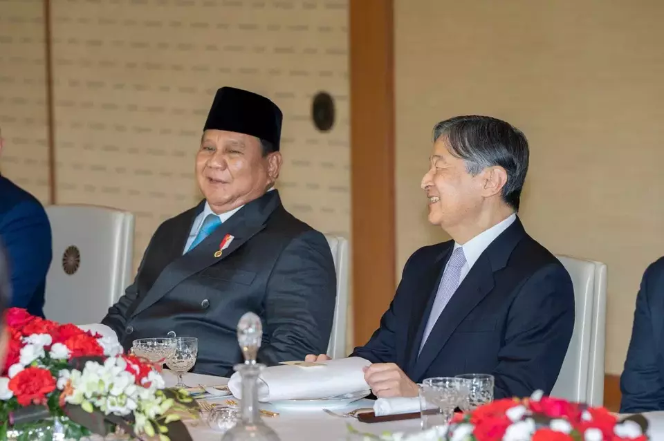 In this photo released by the Imperial Household Agency of Japan, President Prabowo Subianto, left, attends a luncheon with Japanese Emperor Naruhito at the Imperial Palace in Tokyo, Monday, March 30, 2026. (Imperial Household Agency of Japan via AP)