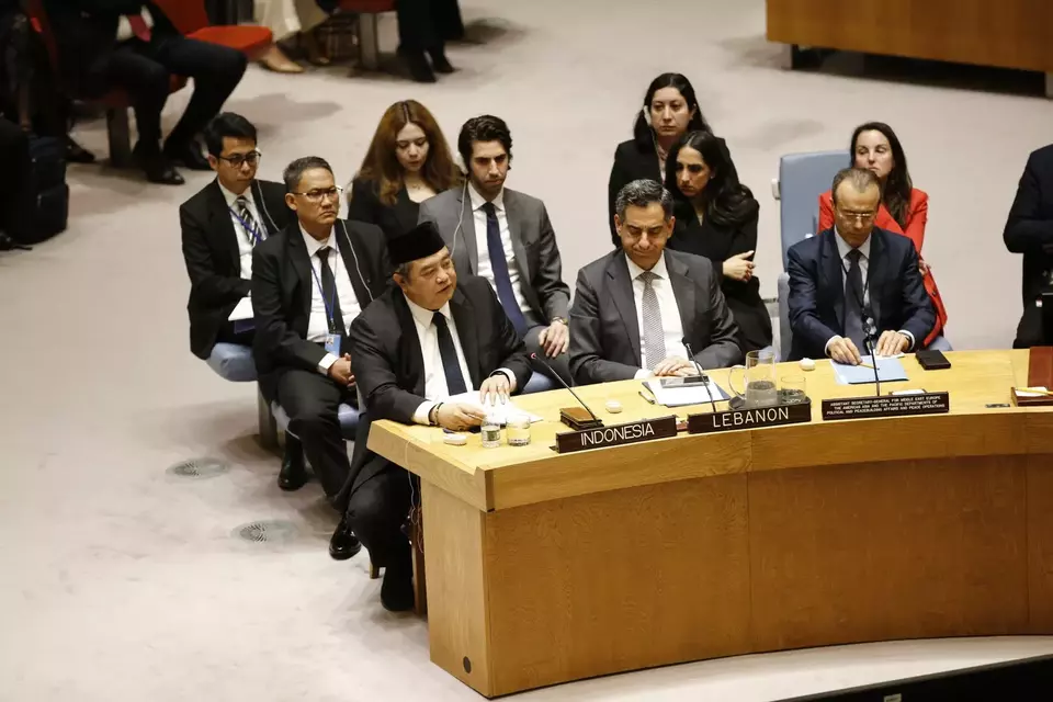 Indonesian Permanent Representative to UN in New York Umar Hadi addresses the UN Security Council emergency meeting on Lebanon on March 31, 2026. (Photo Courtesy of Foreign Affairs Ministry)