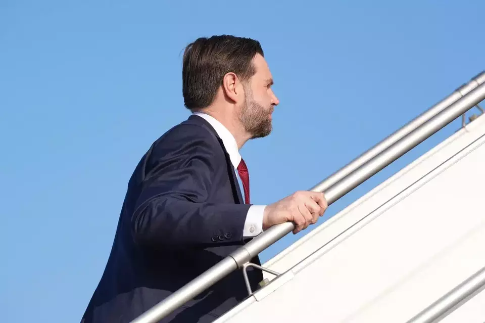 Vice President JD Vance boards Air Force Two after attending talks on Iran in Islamabad, Pakistan, Sunday, April 12, 2026. (AP Photo/Jacquelyn Martin, Pool)