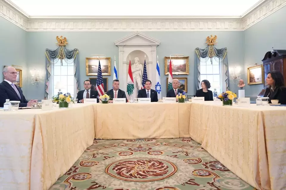 US Secretary of State Marco Rubio, center, meets with Israeli Ambassador to the United States Yechiel Leiter, far left, and Lebanese Ambassador to the US Nada Hamadeh Moawad, far right, at the State Department in Washington, Tuesday, April 14, 2026. (AP Photo/Jacquelyn Martin)