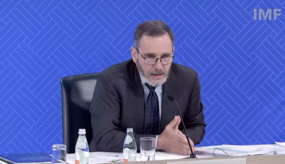 International Monetary Fund Director of Research Department Pierre-Olivier Gourinchas speaks in a press briefing 'World Economic Outlook 2026' on Tuesday, Apr. 14, 2026. (Screenshot from IMF's YouTube)