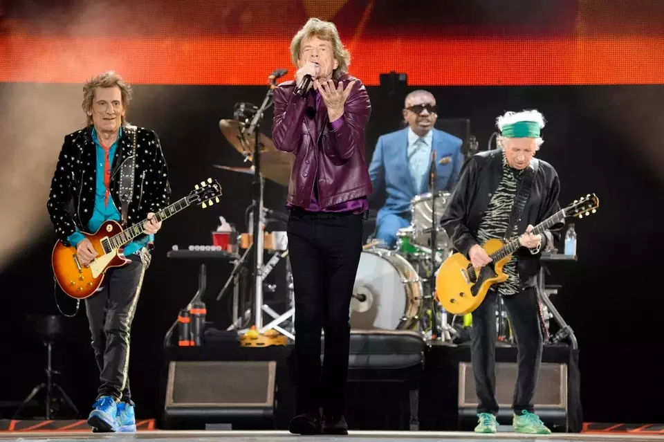 FILE - Ronnie Wood, from left, Mick Jagger, Steve Jordan, and Keith Richards of The Rolling Stones perform during the 