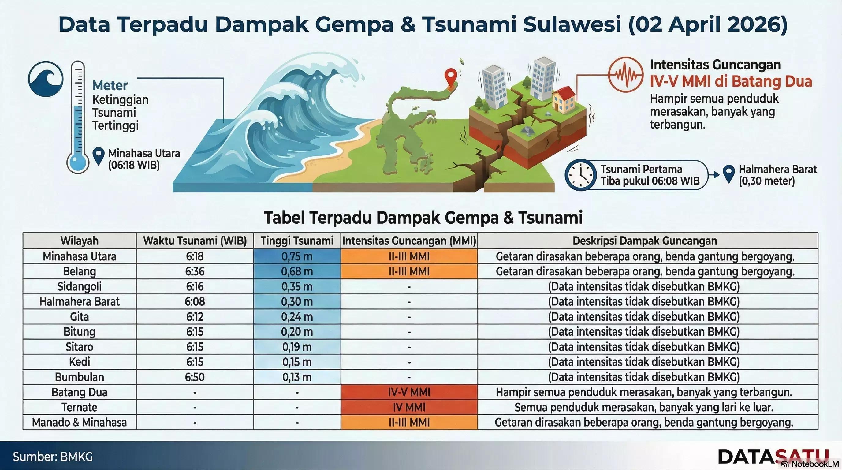 Data Terpadu Dampak Gempa & Tsunami Sulawesi (02 April 2026) - (BMKG/design by NotebookLM/DATASATU)